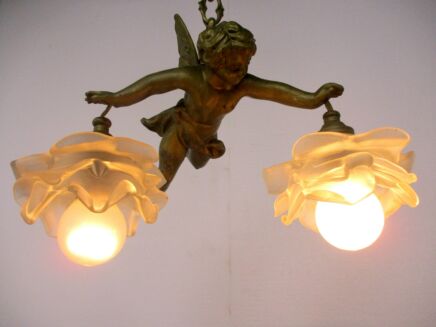 French Empire Chandelier Putti Cherubs Angels 2 arm Lights Flower Shades Lovely