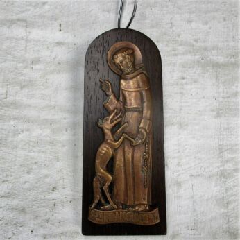 Saint Francis of Assisi with dog Small Brass on Wood wall plaque lovely