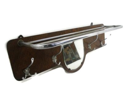 Vintage Wall Coat Rack Shelf Mid Century Modern Railroad Industrial Wood Chrome