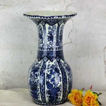 Vintage Boch Delft Porcelain Trumpet Vase Marked Blue White Flowers Marked 11.8"
