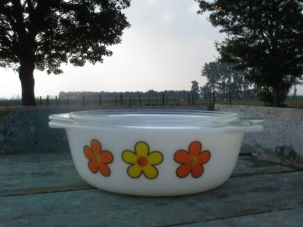 Vintage Retro Bowl Oven Dish Lid  Milk Glass Flowers Yellow Orange