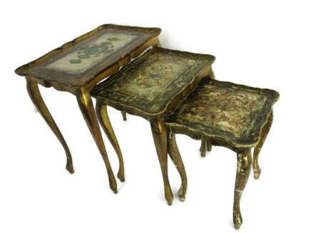 3 Italian Florentine Hollywood Regency Stacking Wood Nesting Tables Blue Gold