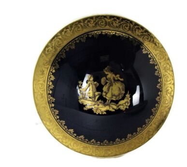 Limoges Porcelain Marked France Round Lidded Trinket Jewelry Box Couple Courting Victorian Style Cobalt Blue Gold Gilded French