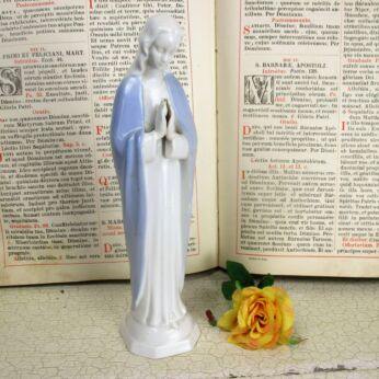 Porcelain Statue Virgin Mary Madonna Our Lady Folded Hands Blue Glazed 9.44"