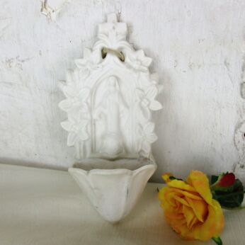 Antique Holy Water Font Virgin Mary Infant Porcelain Bisque Wall Hanging HTF