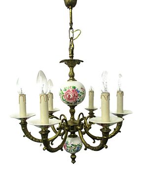 Romantic chandelier 6 arm Lights Brass Porcelain Flowers Vintage 50s