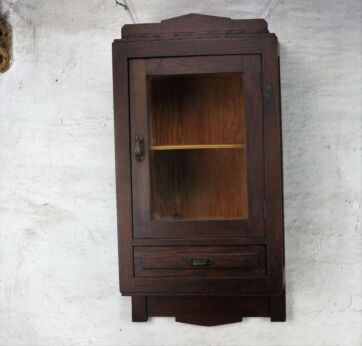 Vintage Carved Wood Medicine Wall Cabinet Apothecary Glass Door Display