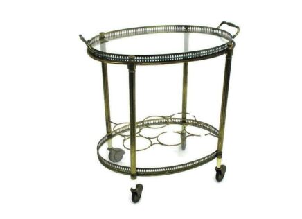 Small Oval Bar Cart cocktail Trolley Hollywood Regency Pineapples Clear glass Brass Serving Tray