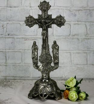 Vintage Ornate Spelter Standing Crucifix Cross Saints Evangelists 17.72"
