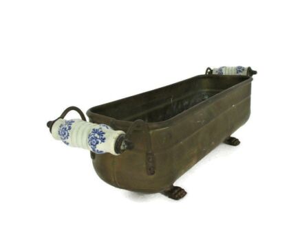 Ornate brass Planter Jardiniere HTF Lion Legs Embossed Delft Blue Porcelain Handles Lovely