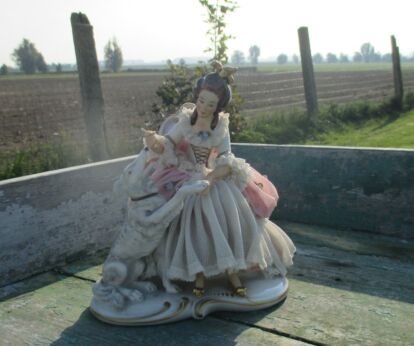 Porcelain Lady With Dog Figurine Marked Dresden Lace Victorian Gorgeous