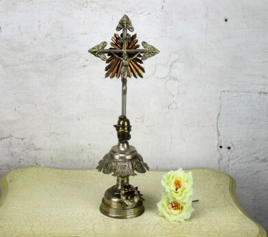 Antique Standing Crucifix Jesus Christ Sacred Heart Snake Garden of Eden 18.11"