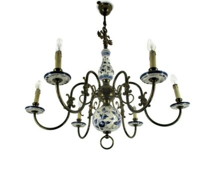 Delft Blue White Porcelain Ornate Brass Chandelier Dutch 6 Arm Lights Barn style
