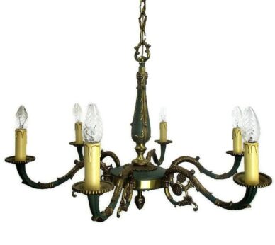 Vintage French Empire Pan Chandelier Green Tole Brass Bronze 6 arms Regency HTF
