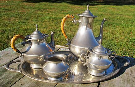 Gorgeous Pewter Tea Set with Tray 5 pieces Rattan Handles Holland