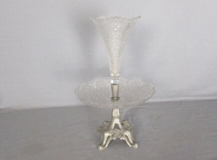 French  Epergne Trumpet Double Vase Clear Glass Center Table Piece Pique Fleur Faux brass