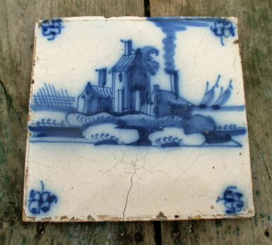 Antique 19th C. Delft Tile Dutch Blue White Landscape Church Houses Seaside