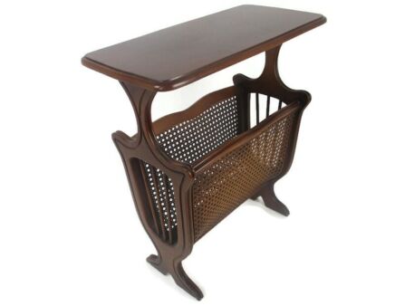 Vintage Colonial Style Magazine Newspaper Basket Rack Side Table Wood Rattan