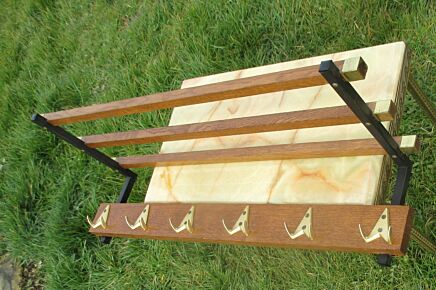 Vintage Mid Century Wood Brass Coat Hat Rack 1950's 6 Hooks Iron