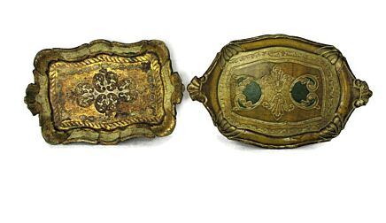 set of 2 small Mid Century Italy Hollywood Regency Florentine Serving Tray White Yellow Gold Wood Decoration Ornate