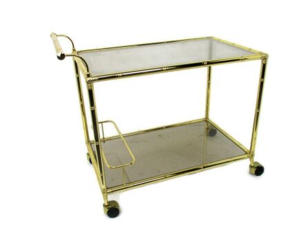 Bar Cocktail Tea Cart Trolley Hollywood Regency Kitchen Island Brass Bamboo Style Smoked Glass