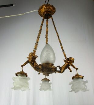 French Chandelier 3 Lights Arms Tulip Shades Etched Glass Putti Brass France WOW