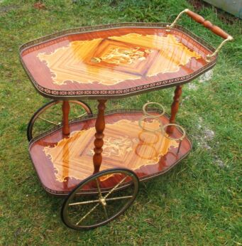 Bar Cart Italian Hollywood Regency Gold Chrome Wood Inlay Marquetry Stunning