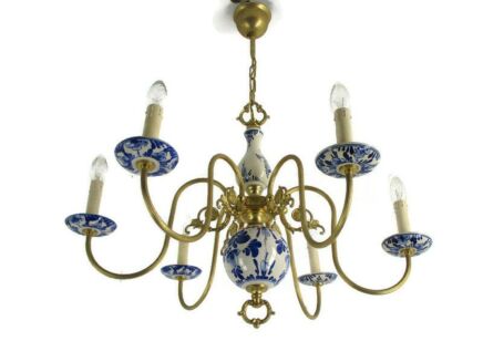 Dutch Delft Blue White Porcelain Ornate Brass Chandelier 6 Lights Arm Country