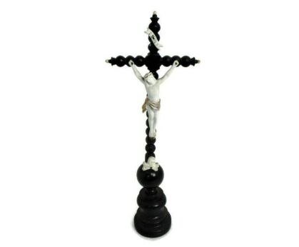Antique Dark Carved wood Table Standing Crucifix Round Base  Bobbin  Porcelain Andenne Corpus