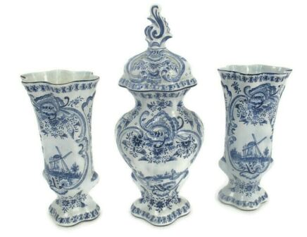 Antique  Delft Blue White Garniture Set Two Vases Urn Lidded   extremely rare 3 pieces