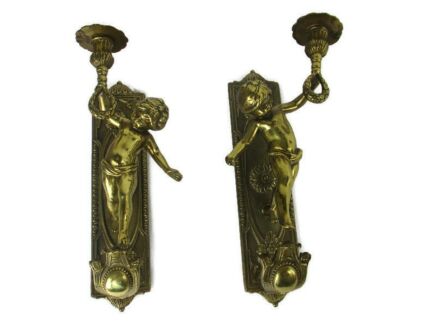Pair Gorgeous Wall Mounted Sconces Candle Holders Putti Cherub Angels Brass