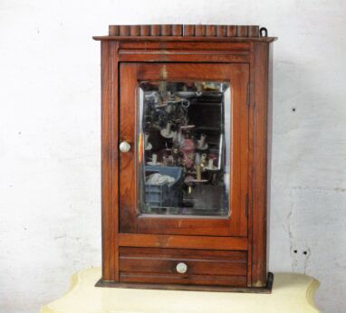 Hand Carved Wood Medicine Wall Cabinet Apothecary Beveled Glass Mirror Drawer