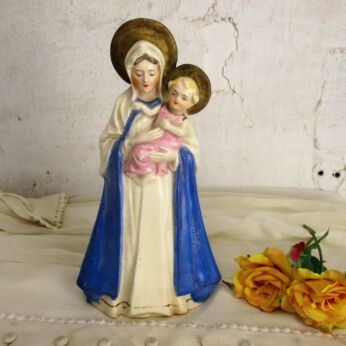 Art Deco Statue Porcelain HTF Collector Virgin Mary Infant Child Blue Robe 9.8"