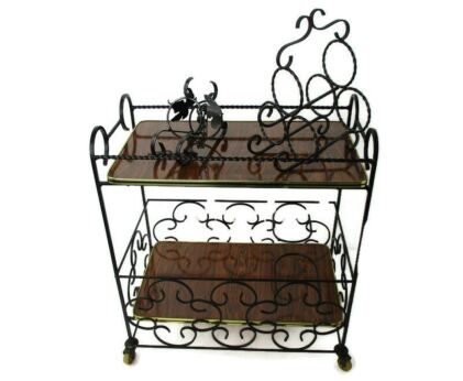 Bar Cocktail Tea Cart Trolley Mid Century Modern Kitchen Island Wood Veneer Wrought Iron Ornate WOW 2 Bottle holders