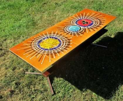 Vintage Coffee Side Table Mid Century Mod Space Age Tiles Orange Smoked Glass