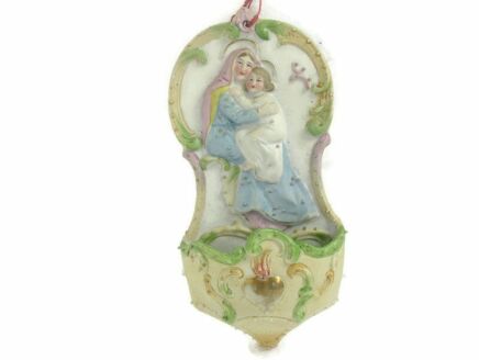 porcelain Bisque Holy Water Font Vessel Virgin Mary and Infant Jesus   Wall Hanging Vintage