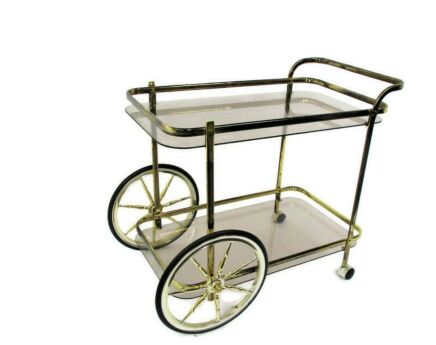 Bar Tea Cart Trolley Cocktail Kitchen Island Smoked Glass Chrome Brass 70s