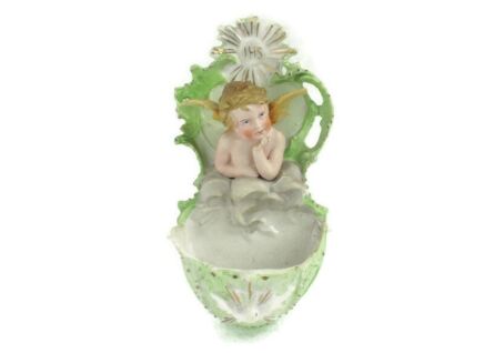 porcelain Bisque Holy Water Font Vessel Angel  Wall Hanging Vintage
