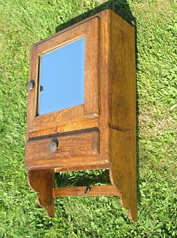 Antique French Oak Wooden medicine kitchen Wood Cabinet Beveled Glass Rack