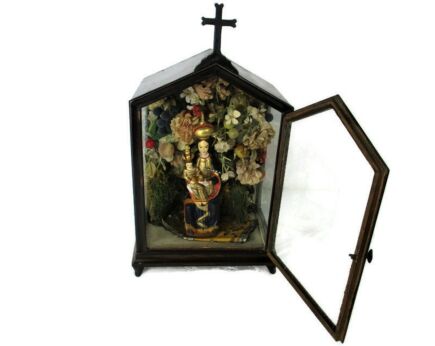 Large Antique hand Carved Wood Chapel Niche Wooden Statue Madonna Our Lady From Zell Silk Flowers