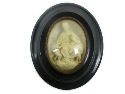 Antique Oval Ornate Wooden Frame  Convex Glass Dome Jesus Christ with children let the children come to Me