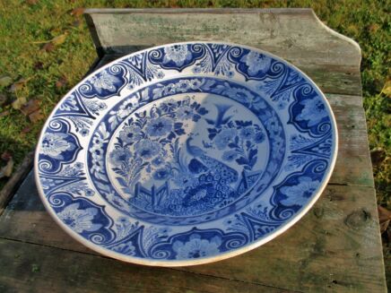 Large Old Delft Blue White Peacock Wall Plate Charger