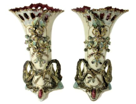 Set of 2 Pair French Barbotine Majolica Vases Planters Centerpiece Gorgeous Flowers Cache pots Dragons Art Nouveau