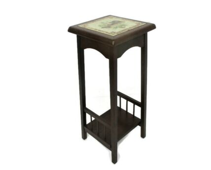 Hand Carved Wood Side Wine Table Pedestal Plant Stand 70s Tiles on Top Victorian Scene Barn Style