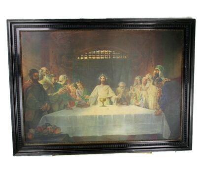 XL Vintage Wooden Frame Jesus Christ Last Supper Print after Kaspar Schleibner