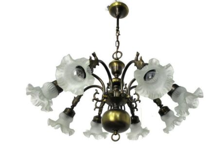 Flemish Dutch Style Chandelier 8 Arm Light Glass Shades Fish Country Barn Style