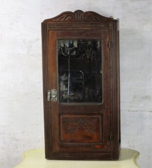Vintage Hand Carved Wood Kitchen Medicine Apothecary Small Wall Cabinet mirror