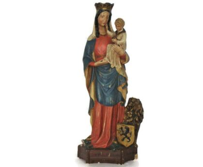 Large Statue Virgin Mary Notre Dame de Flandres Our Lady of Flanders Plaster Polychrome Dragon Lion Gorgeous