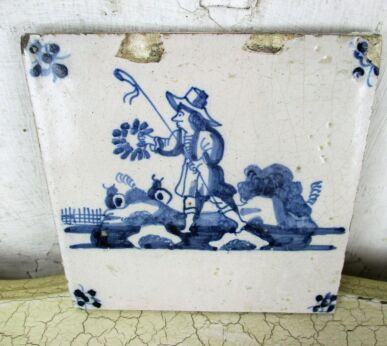 1800 Antique Delft Tile Dutch Decorative Candelabrum Fisherman Blue White HTF