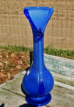 Vintage Hand blown Cobalt Blue Glass Vase Applied Swirl Flower Era Murano